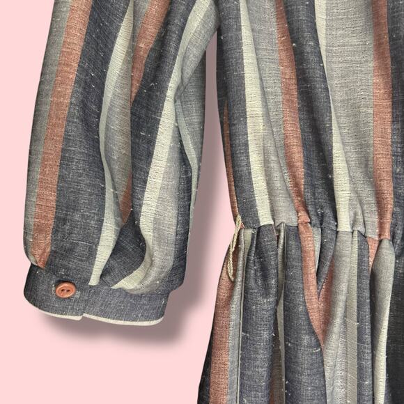Vintage 70s Size Medium Pink Gray Stripe Day Dress Retro Rockabilly Fit & Flare - Picture 7 of 11
